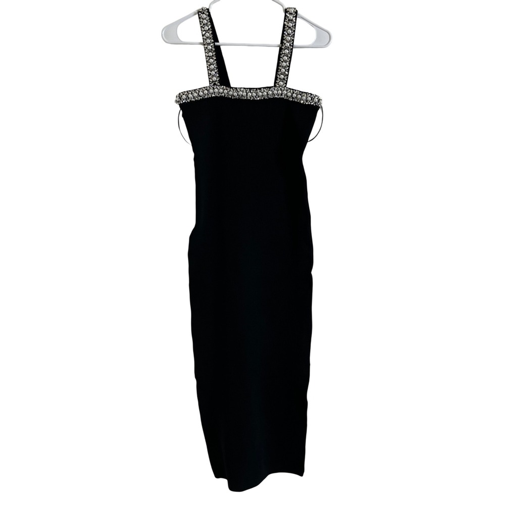 New Camila Coelho Black Ribbed Pearl Crystal‎ Embellished Midi Dress size Small